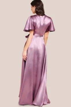 Flutter Sleeve Wrapover Satin Maxi Dress - Rose Pink by Goddiva