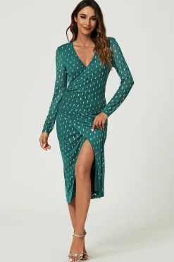 Foil Mesh Long Sleeve Midi Dress In Green by FS Collection