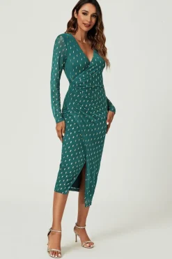 Foil Mesh Long Sleeve Midi Dress In Green by FS Collection