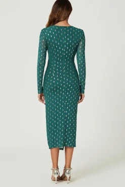 Foil Mesh Long Sleeve Midi Dress In Green by FS Collection