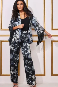 Foil Print Wide Leg Trousers - Black by Goddiva