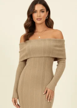 Folded Bardot Neckline Ribbed Knit Off Shoulder Dress by Avinci