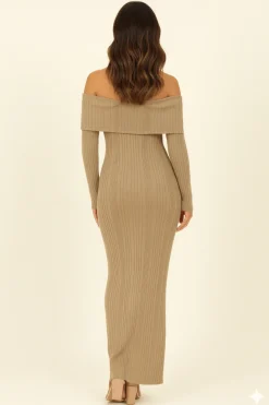 Folded Bardot Neckline Ribbed Knit Off Shoulder Dress by Avinci