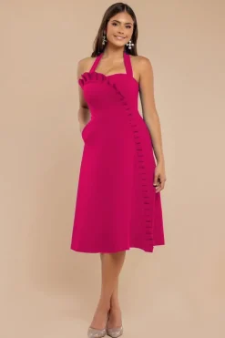 Frilled Halter Neck Strap Midi Dress - Magenta by Goddiva