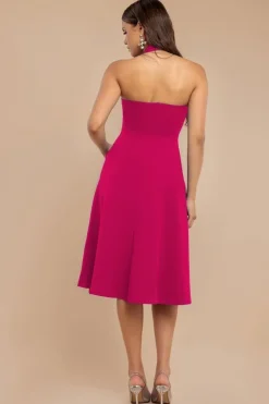 Frilled Halter Neck Strap Midi Dress - Magenta by Goddiva
