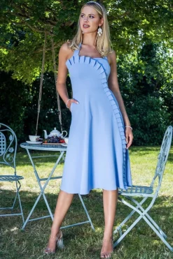 Frilled Halter Neck Strap Midi Dress - Cornflower Blue by Goddiva