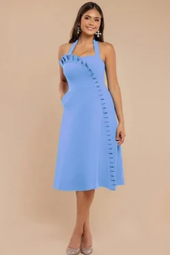 Frilled Halter Neck Strap Midi Dress - Cornflower Blue by Goddiva