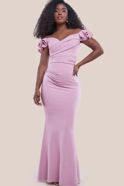 Frilled Off The Shoulder Scuba Maxi Dress - Rose Pink by Goddiva
