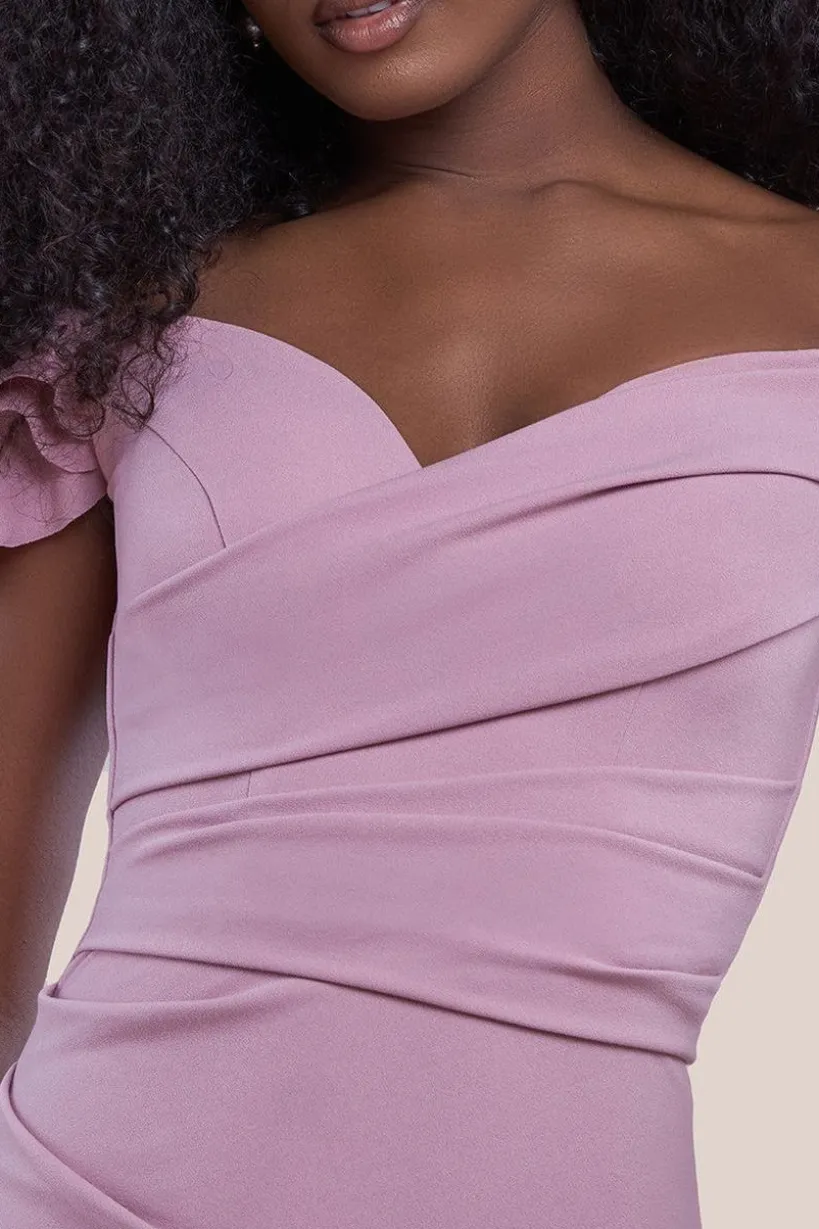 Frilled Off The Shoulder Scuba Maxi Dress - Rose Pink by Goddiva