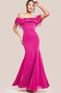 Frilled Off The Shoulder Pleated Chiffon Maxi Dress - Magenta by Goddiva