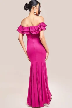 Frilled Off The Shoulder Pleated Chiffon Maxi Dress - Magenta by Goddiva