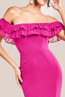Frilled Off The Shoulder Pleated Chiffon Maxi Dress - Magenta by Goddiva