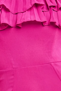 Frilled Off The Shoulder Pleated Chiffon Maxi Dress - Magenta by Goddiva