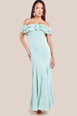 Frilled Off The Shoulder Pleated Chiffon Maxi Dress - Sage Green by Goddiva