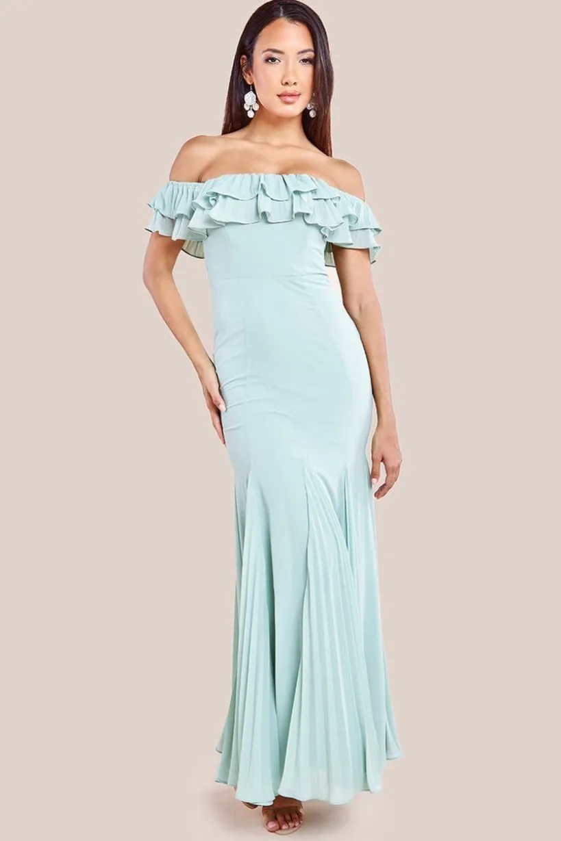 Frilled Off The Shoulder Pleated Chiffon Maxi Dress - Sage Green by Goddiva