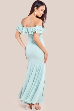 Frilled Off The Shoulder Pleated Chiffon Maxi Dress - Sage Green by Goddiva