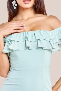 Frilled Off The Shoulder Pleated Chiffon Maxi Dress - Sage Green by Goddiva