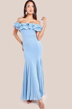 Frilled Off The Shoulder Pleated Chiffon Maxi Dress - Dusky Blue by Goddiva