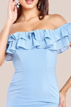 Frilled Off The Shoulder Pleated Chiffon Maxi Dress - Dusky Blue by Goddiva