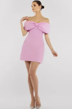 Front Bow Off The Shoulder Mini Dress - Lilac by Goddiva