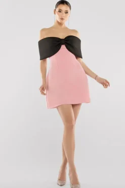 Front Bow Off The Shoulder Mini Dress - Blush Black by Goddiva