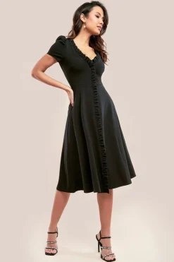 Front Frill Flared Scuba Midi Dress - Black by Goddiva