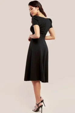 Front Frill Flared Scuba Midi Dress - Black by Goddiva