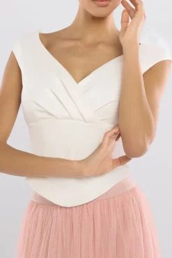Front Pleated Wrap Off The Shoulder Corset With Tulle Gathered Midaxi Skirt Cream & Blush by Goddiva
