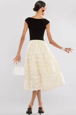 Front Pleated Wrap Off The Shoulder Corset With 3D Floral Mesh Skirt - Black & Cream by Goddiva