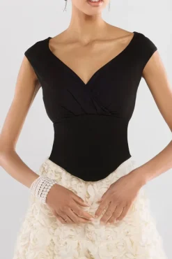 Front Pleated Wrap Off The Shoulder Corset With 3D Floral Mesh Skirt - Black & Cream by Goddiva