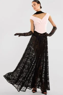 Front Pleated Wrap Off The Shoulder Corset With Lace A-Line Skirt With Scarf & Gloves - Pink & Black by Goddiva
