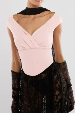 Front Pleated Wrap Off The Shoulder Corset With Lace A-Line Skirt With Scarf & Gloves - Pink & Black by Goddiva