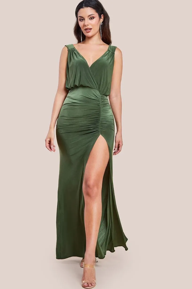 Front Wrap Gathered Maxi Dress - Olive by Goddiva