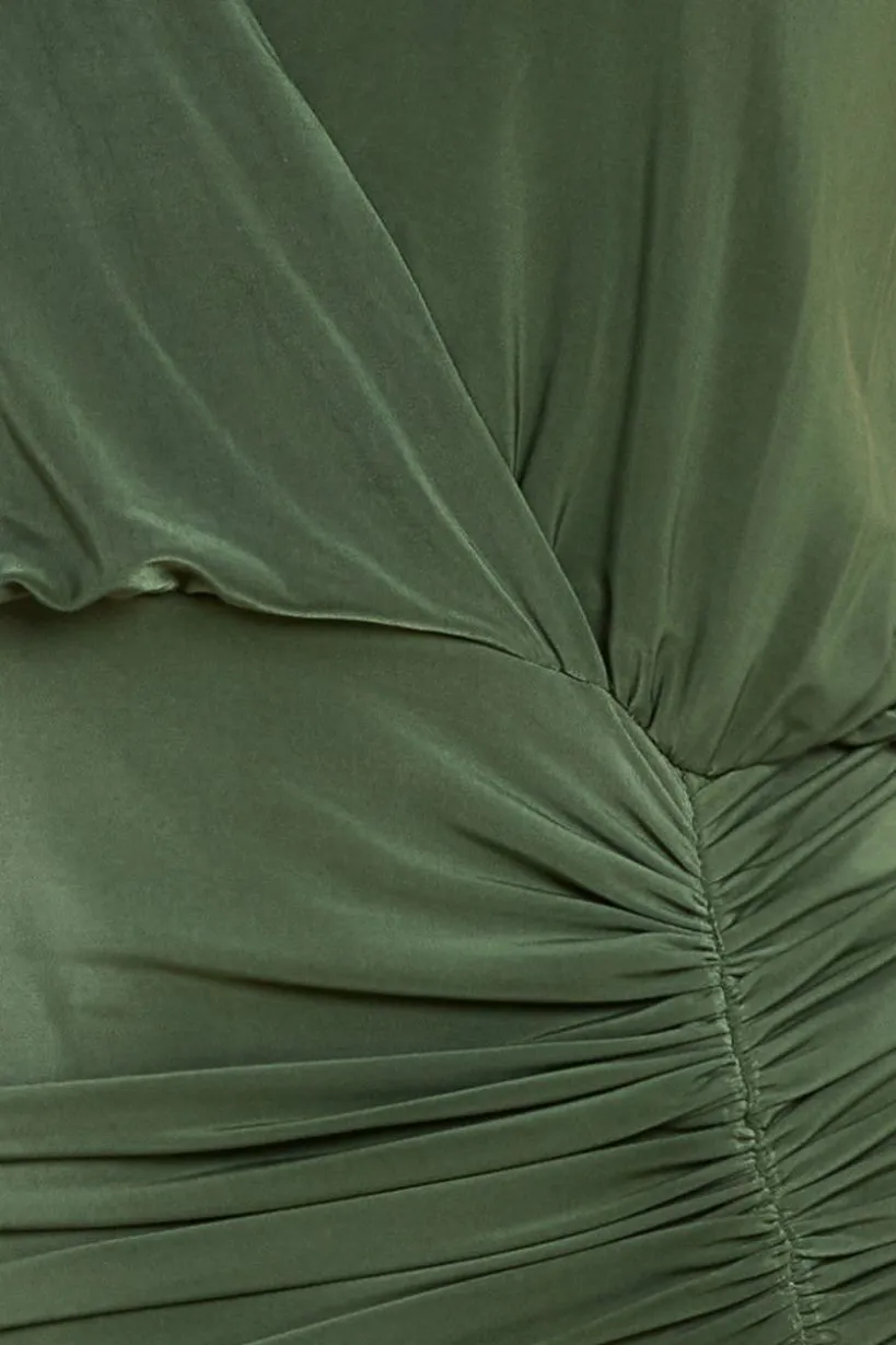 Front Wrap Gathered Maxi Dress - Olive by Goddiva
