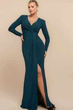 Front Wrap Lurex Bodycon Maxi Dress - Emerald Green by Goddiva