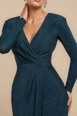 Front Wrap Lurex Bodycon Maxi Dress - Emerald Green by Goddiva
