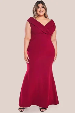 Front Wrap Off The Shoulder Maxi Dress - Wine by Goddiva
