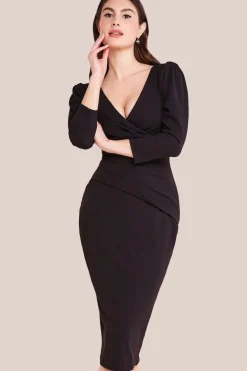 Front Wrap Pleated Scuba Midi Dress - Black by Goddiva
