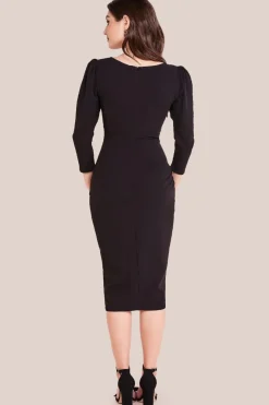 Front Wrap Pleated Scuba Midi Dress - Black by Goddiva