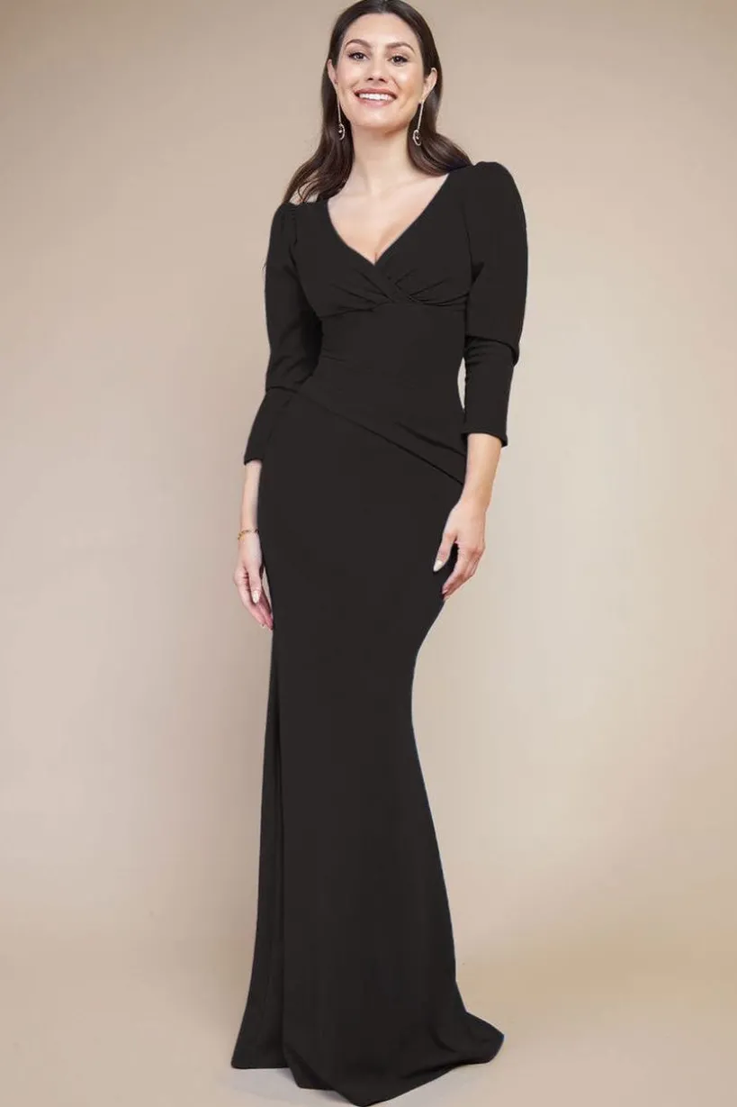 Front Wrap Pleated Scuba Maxi Dress - Black by Goddiva