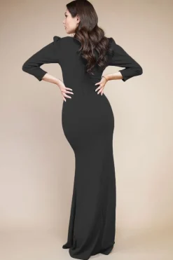 Front Wrap Pleated Scuba Maxi Dress - Black by Goddiva