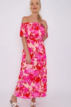 Fuchsia Floral Print Bardot Maxi Dress by LOVE SUNSHINE
