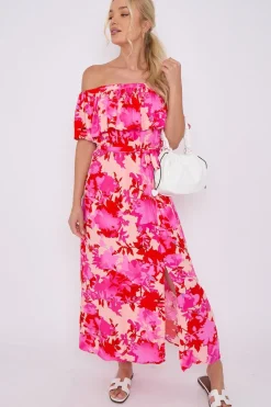 Fuchsia Floral Print Bardot Maxi Dress by LOVE SUNSHINE