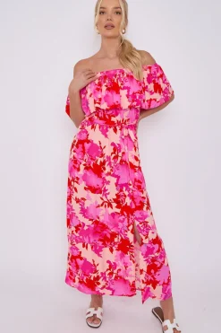 Fuchsia Floral Print Bardot Maxi Dress by LOVE SUNSHINE