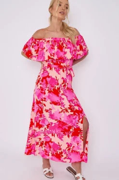 Fuchsia Floral Print Bardot Maxi Dress by LOVE SUNSHINE