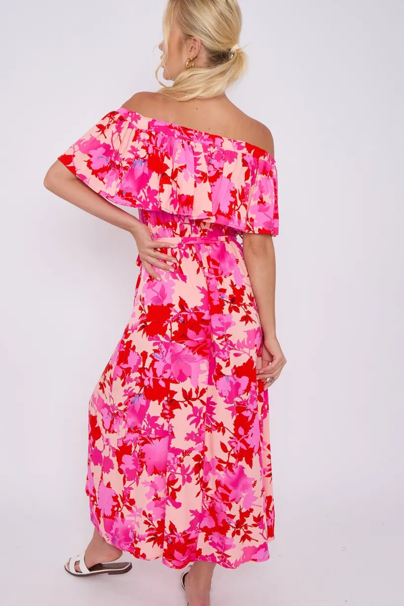 Fuchsia Floral Print Bardot Maxi Dress by LOVE SUNSHINE