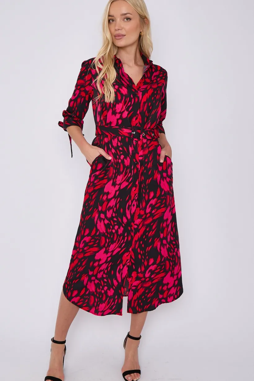 Fuchsia Leopard Print Half Sleeve Belted Maxi Shirt Dress by LOVE SUNSHINE