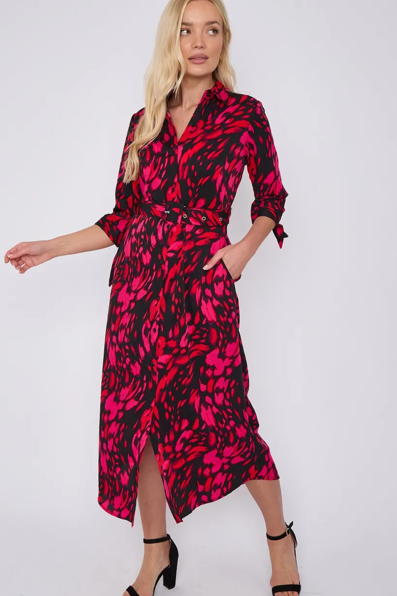 Fuchsia Leopard Print Half Sleeve Belted Maxi Shirt Dress by LOVE SUNSHINE