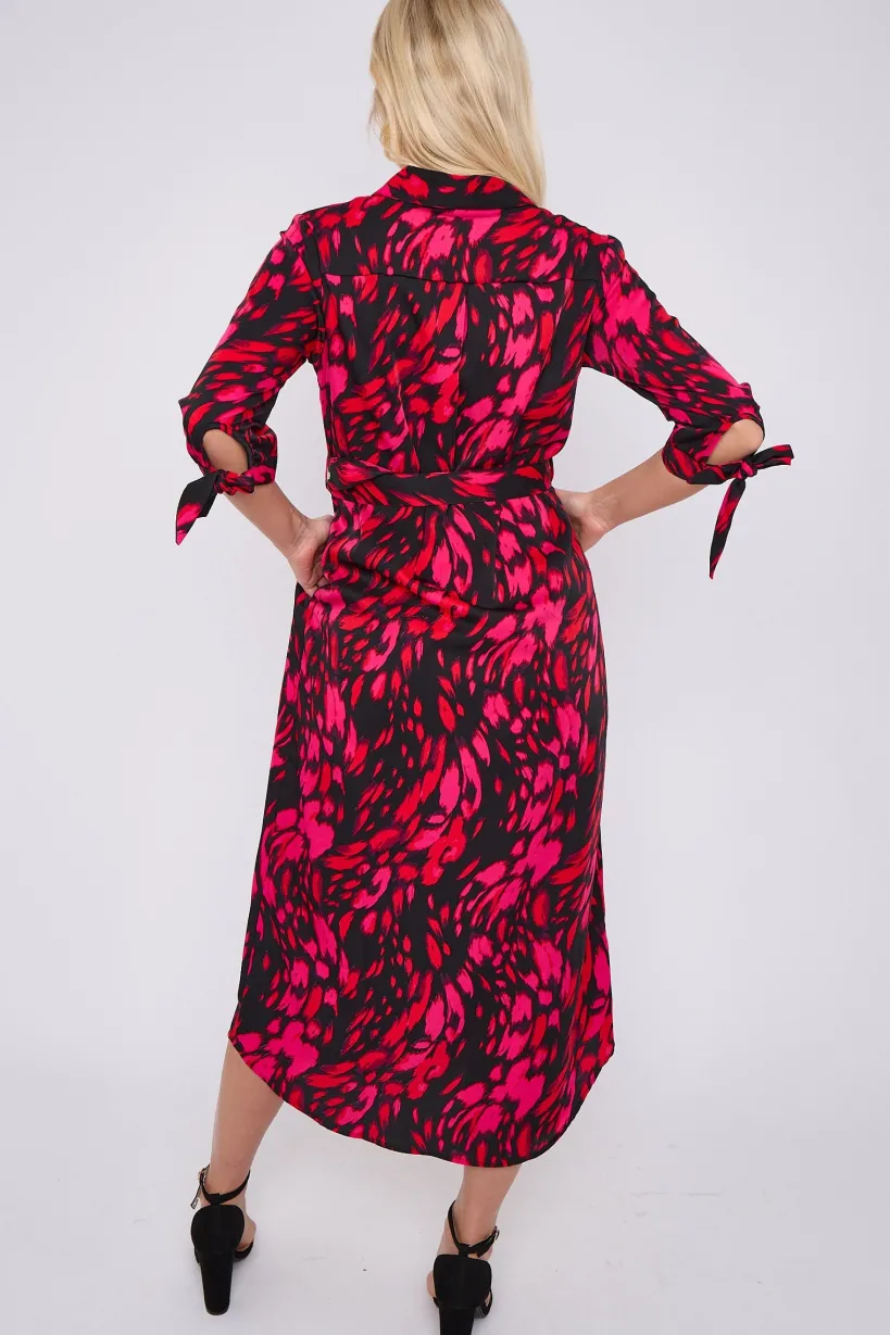 Fuchsia Leopard Print Half Sleeve Belted Maxi Shirt Dress by LOVE SUNSHINE