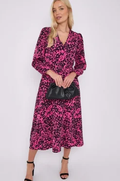 Fuchsia Leopard Printed V Neck Midi Dress by LOVE SUNSHINE